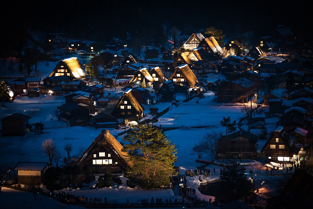 Night view of the gassho-style village of Shirakawa-go