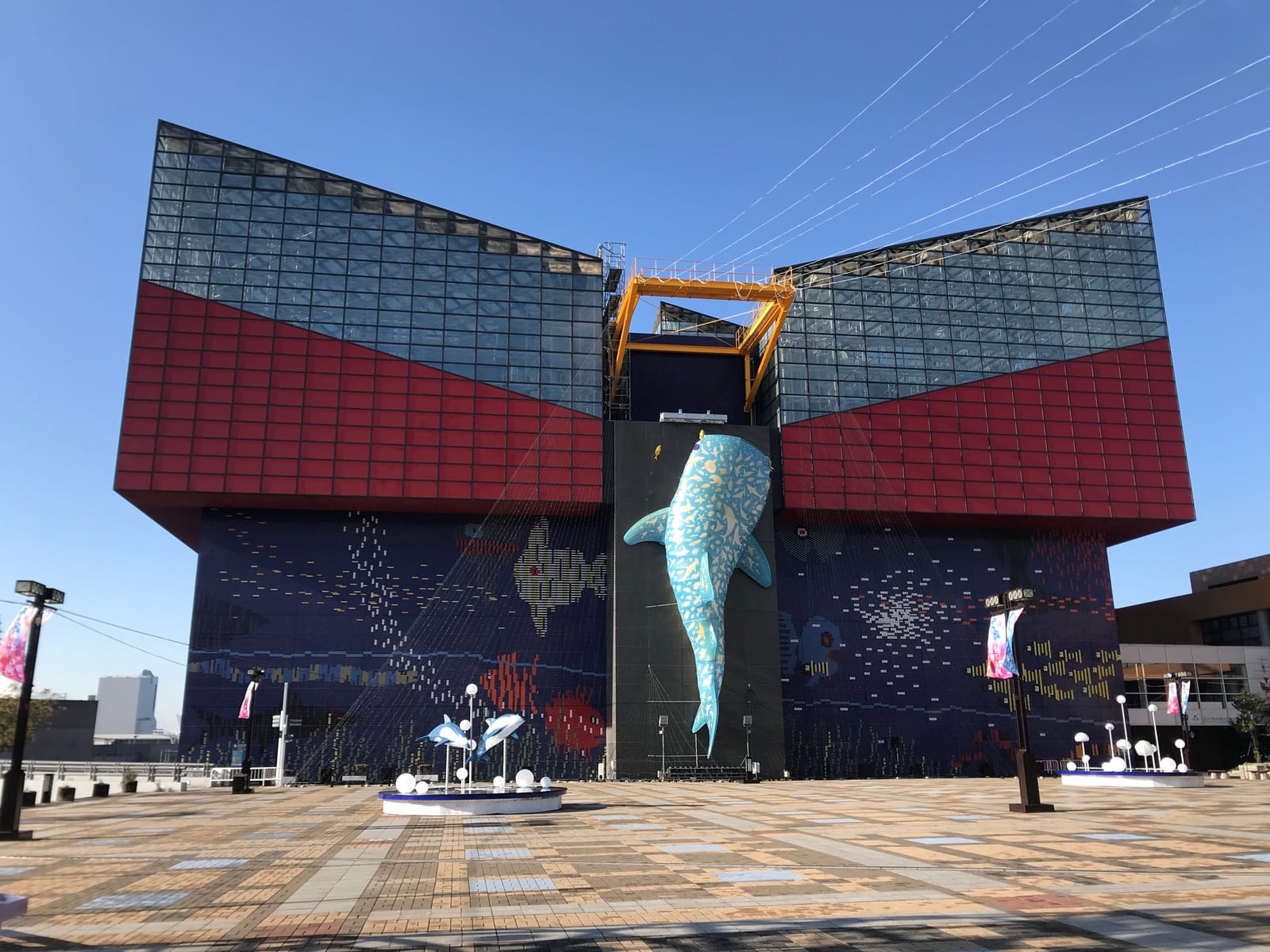 Red and blue exterior of Osaka Aquarium Kaiyukan